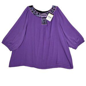 Bob Mackie Wearable Art Blouse Womens 3X Purple Embroidered Peasant Top Boho New